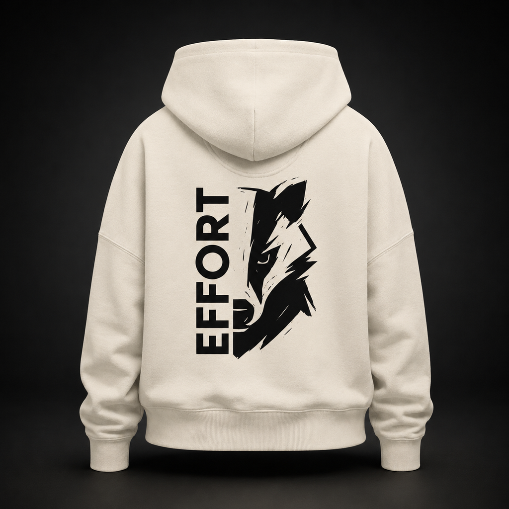 Rückansicht eines Damen Bio-Hoodies in Natural Raw mit schwarzem EFFORT badger Print
