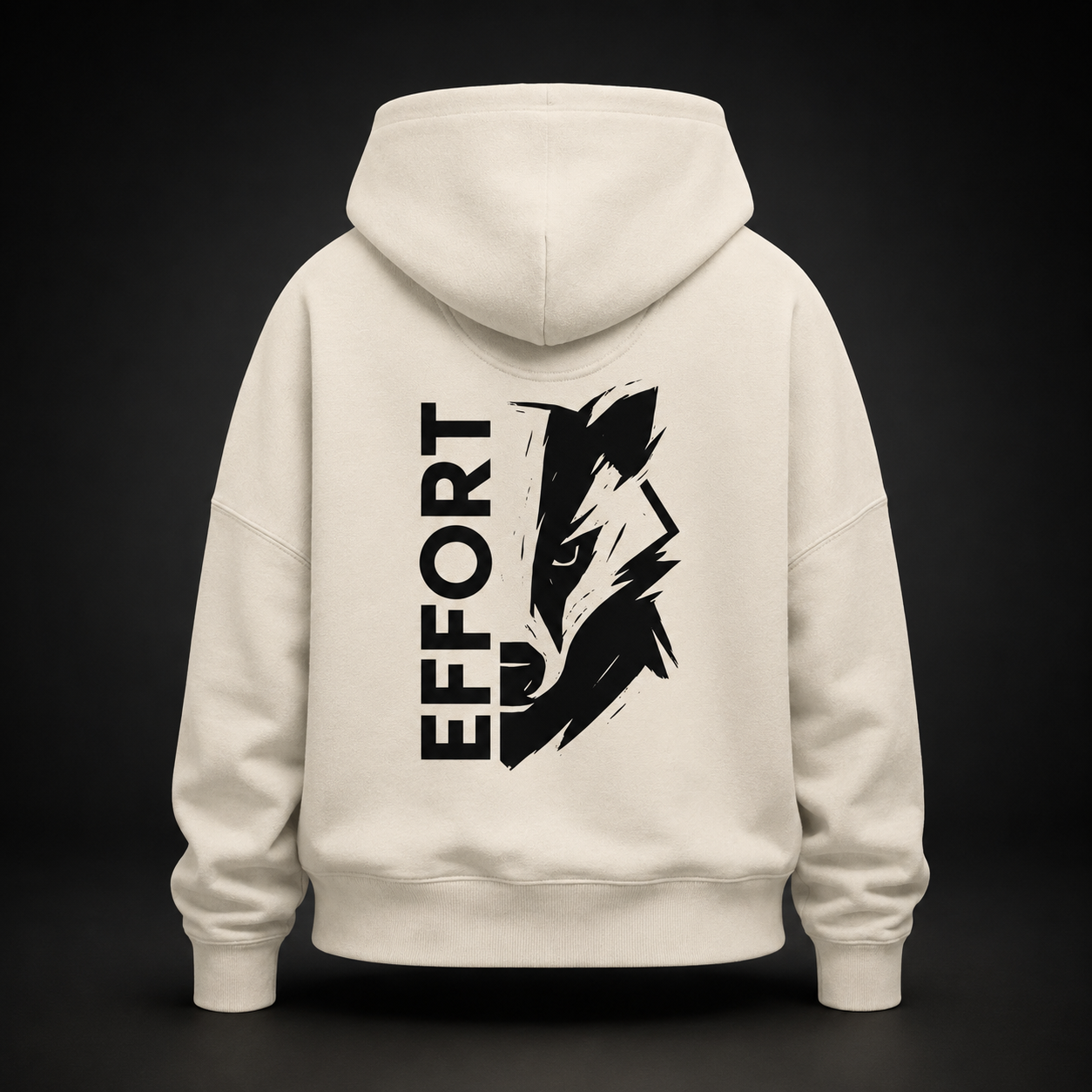 Rückansicht eines Damen Bio-Hoodies in Natural Raw mit schwarzem EFFORT badger Print
